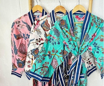 Floral with Blue Stripe Contrast Robe