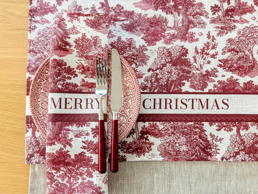 Linen Christmas Toile Burgundy